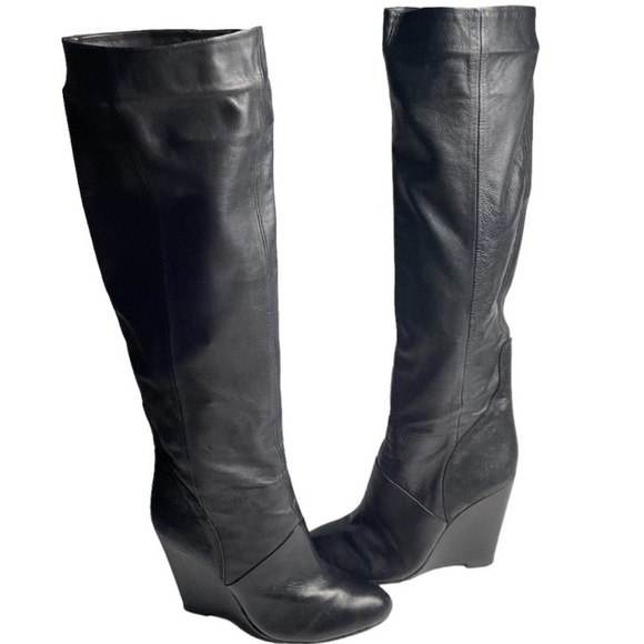 Modern Vintage Sherry Soft Leather Tall Wedge Boots 6 BLACK - Picture 2 of 7
